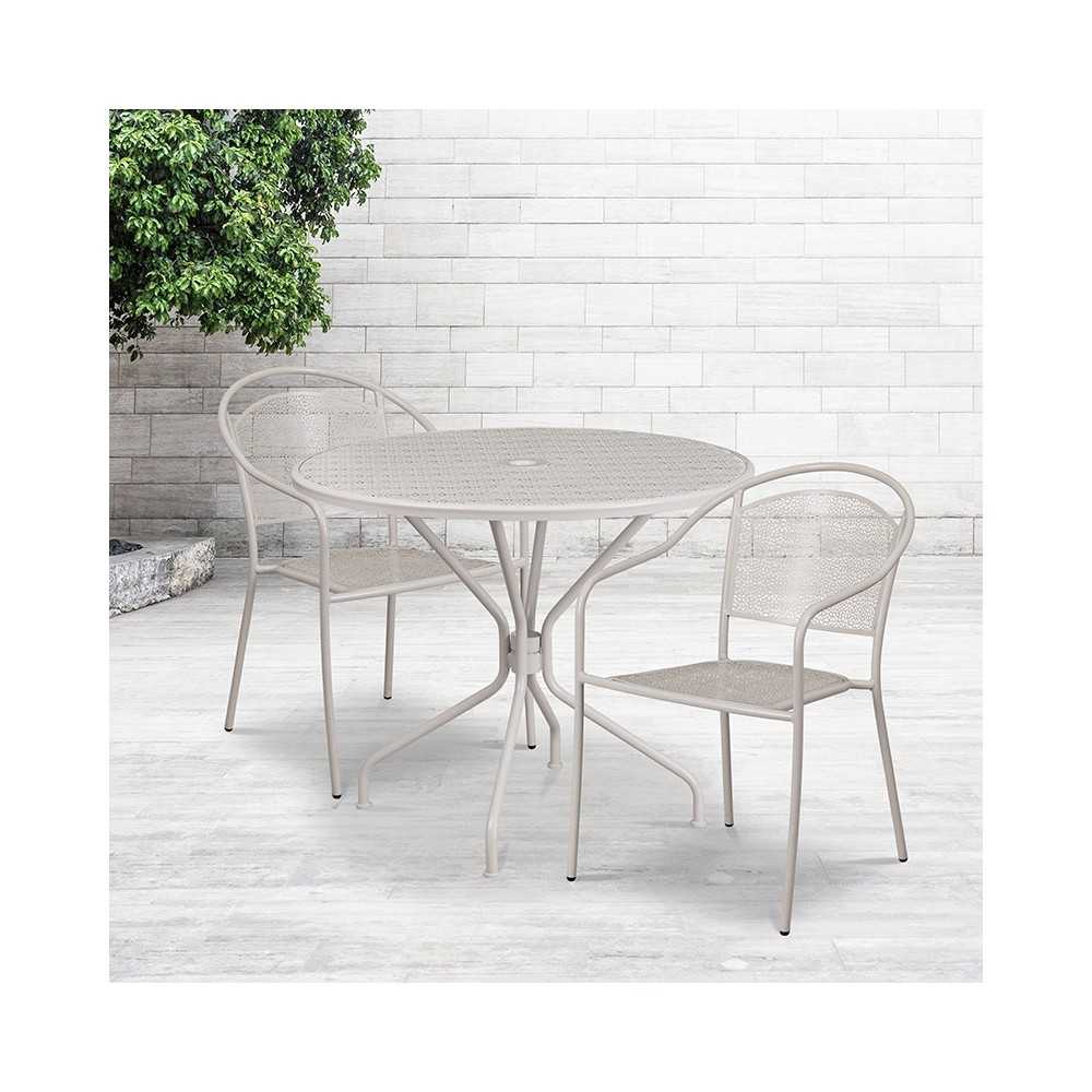 Commercial Grade 35.25" Round Light Gray Indoor-Outdoor Steel Patio Table Set with 2 Round Back Chairs