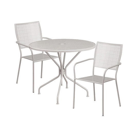 Commercial Grade 35.25" Round Light Gray Indoor-Outdoor Steel Patio Table Set with 2 Square Back Chairs