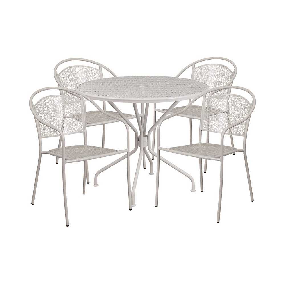 Commercial Grade 35.25" Round Light Gray Indoor-Outdoor Steel Patio Table Set with 4 Round Back Chairs