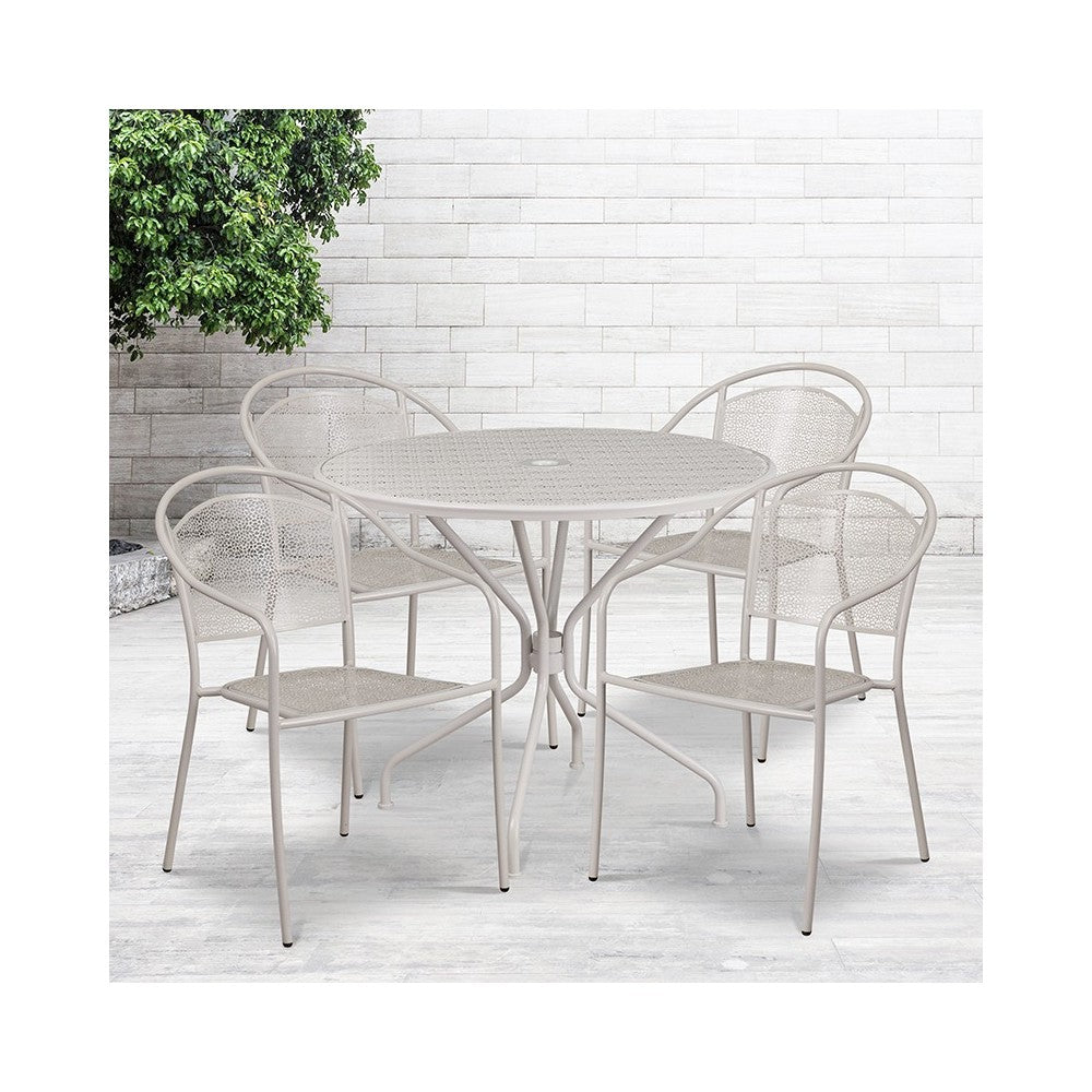 Commercial Grade 35.25" Round Light Gray Indoor-Outdoor Steel Patio Table Set with 4 Round Back Chairs