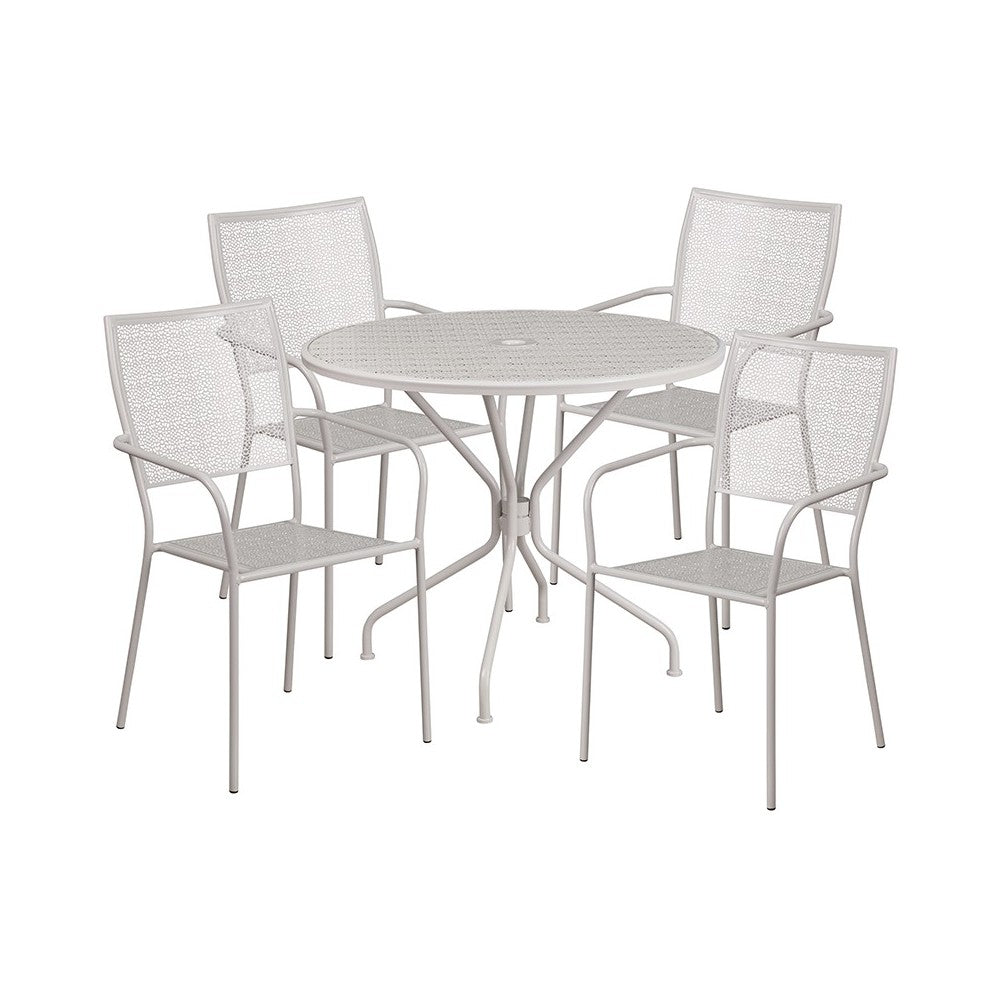 Commercial Grade 35.25" Round Light Gray Indoor-Outdoor Steel Patio Table Set with 4 Square Back Chairs