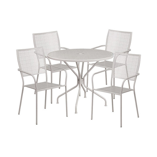 Commercial Grade 35.25" Round Light Gray Indoor-Outdoor Steel Patio Table Set with 4 Square Back Chairs