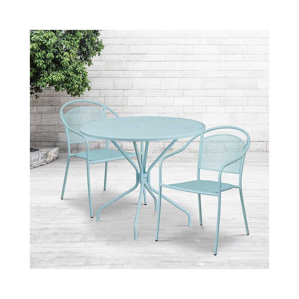 Commercial Grade 35.25" Round Sky Blue Indoor-Outdoor Steel Patio Table Set with 2 Round Back Chairs