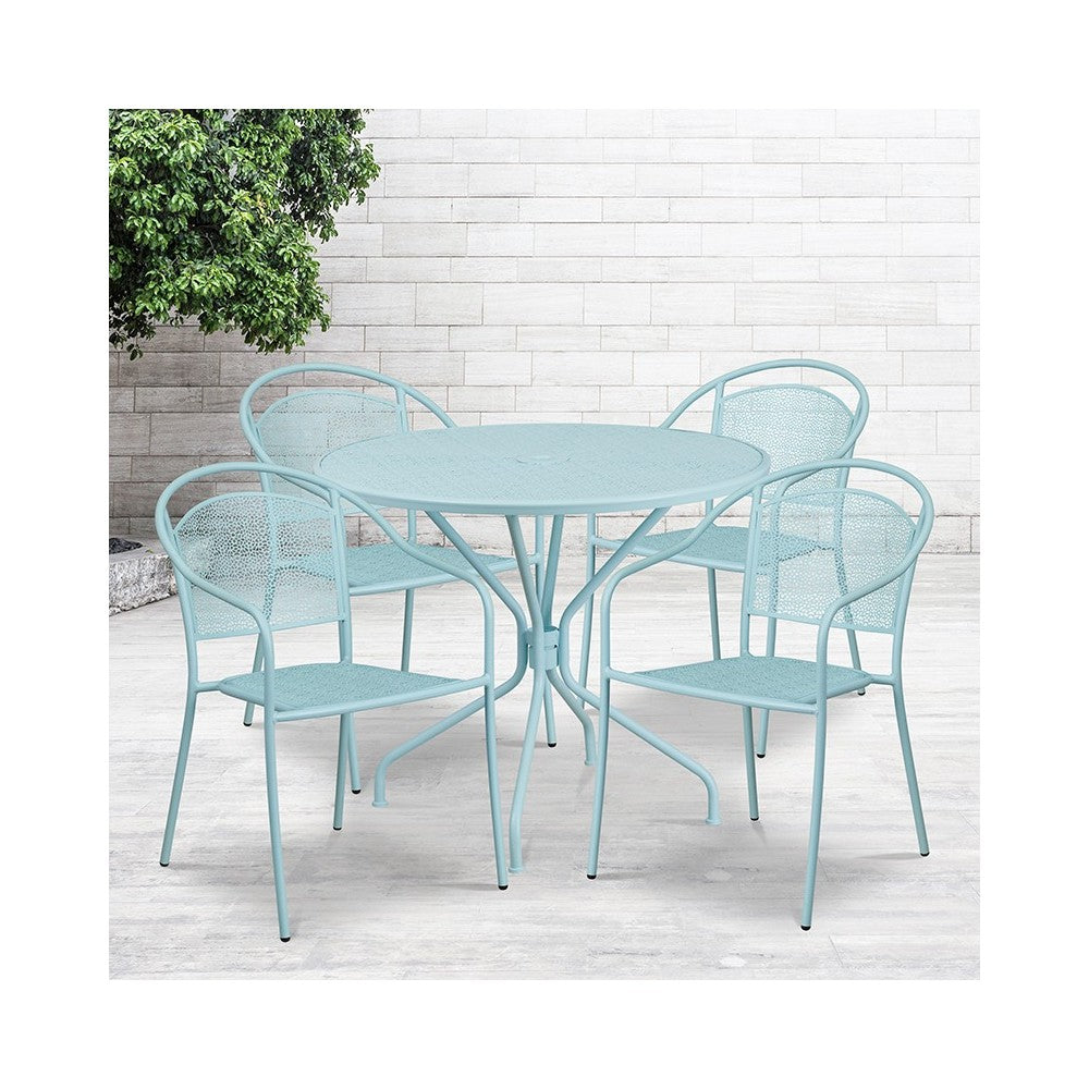 Commercial Grade 35.25" Round Sky Blue Indoor-Outdoor Steel Patio Table Set with 4 Round Back Chairs