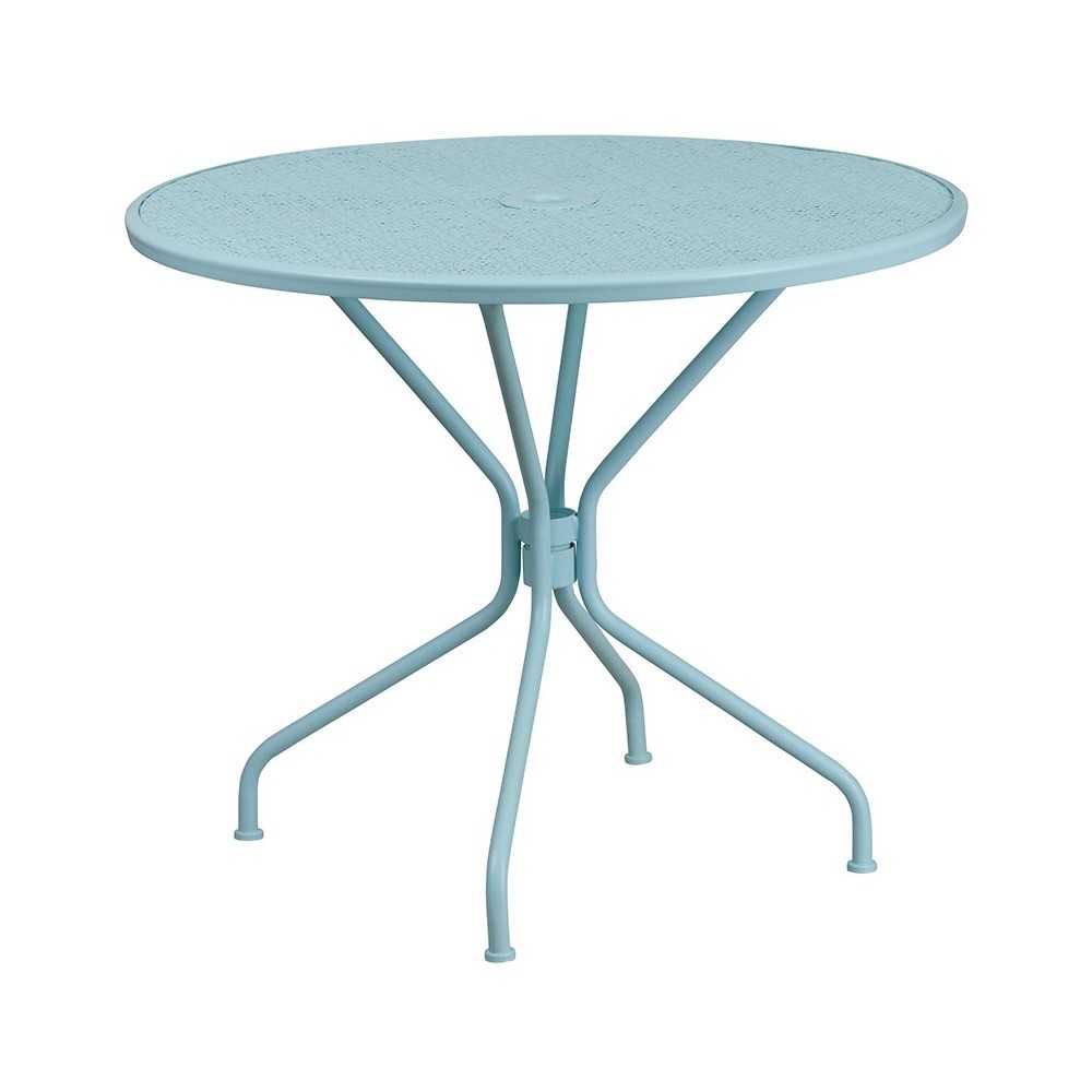 Commercial Grade 35.25" Round Sky Blue Indoor-Outdoor Steel Patio Table Set with 4 Round Back Chairs