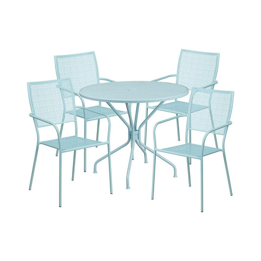 Commercial Grade 35.25" Round Sky Blue Indoor-Outdoor Steel Patio Table Set with 4 Square Back Chairs