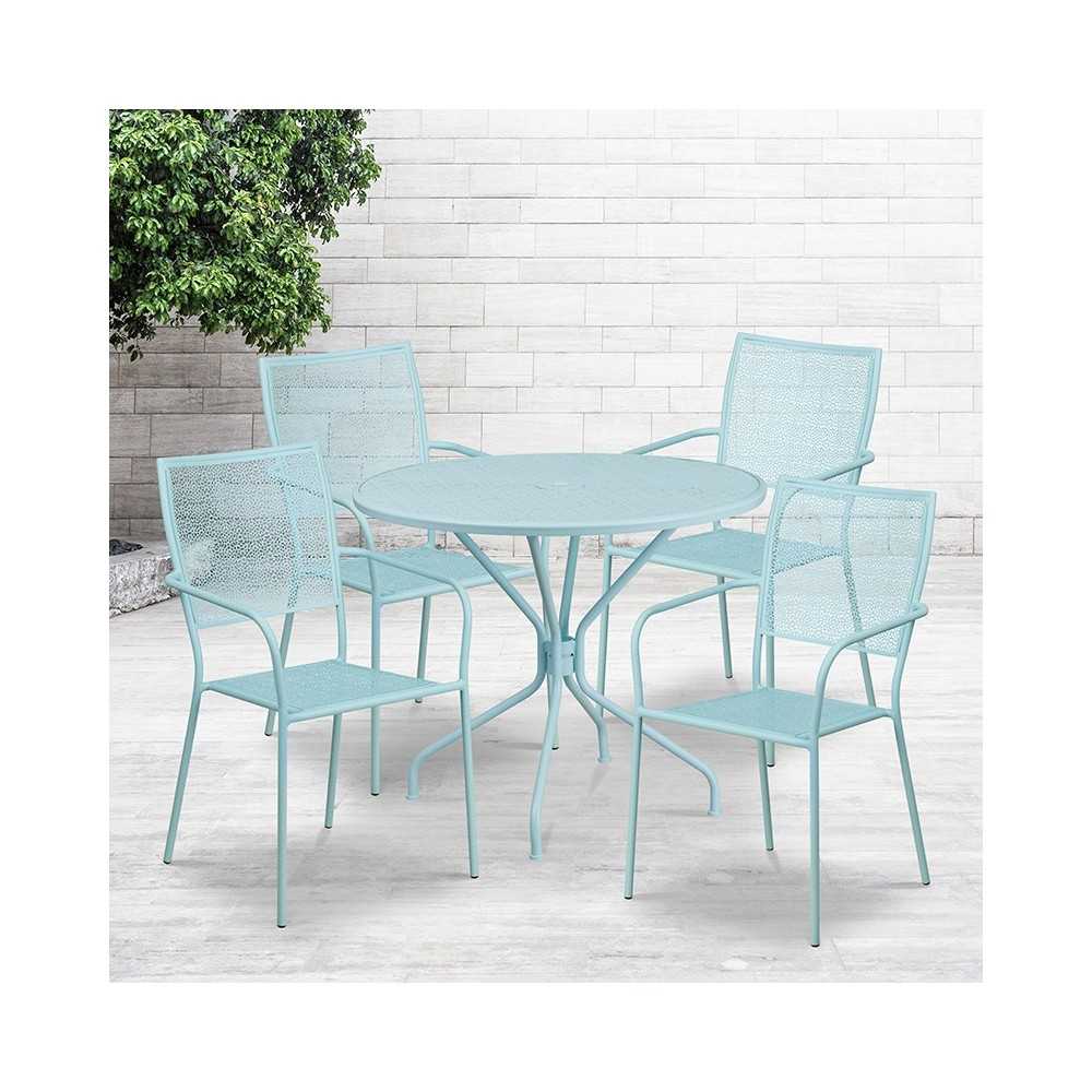 Commercial Grade 35.25" Round Sky Blue Indoor-Outdoor Steel Patio Table Set with 4 Square Back Chairs