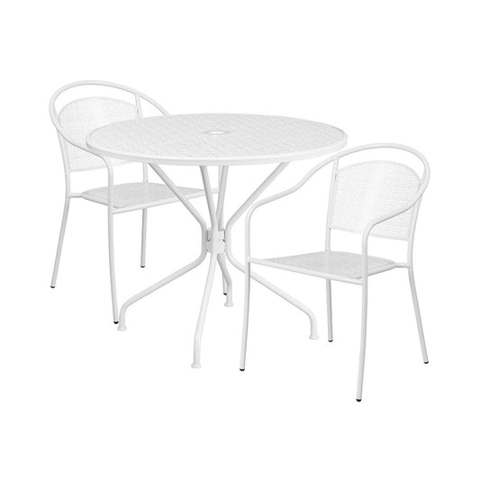 Commercial Grade 35.25" Round White Indoor-Outdoor Steel Patio Table Set with 2 Round Back Chairs