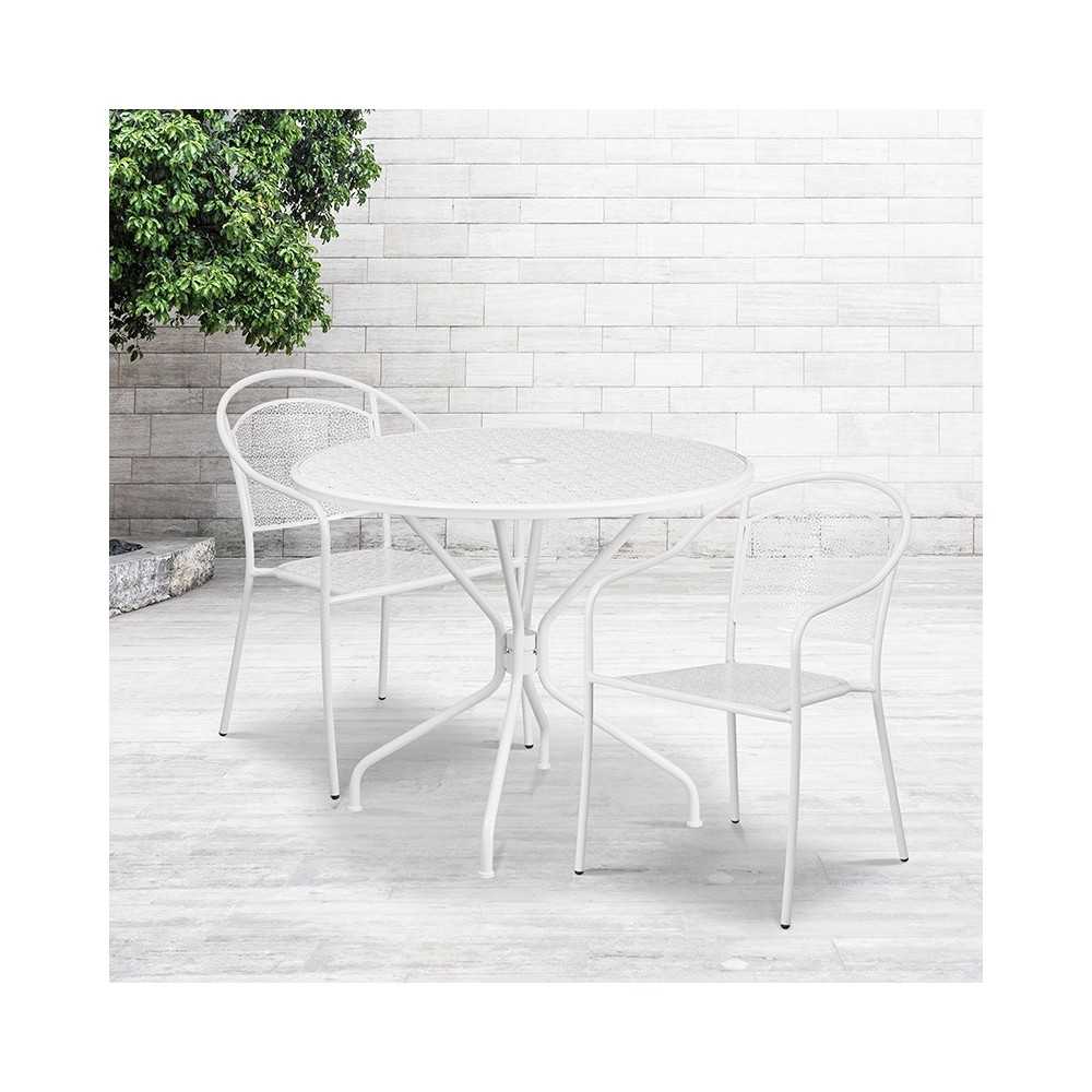 Commercial Grade 35.25" Round White Indoor-Outdoor Steel Patio Table Set with 2 Round Back Chairs