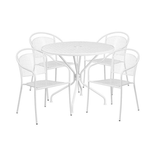 Commercial Grade 35.25" Round White Indoor-Outdoor Steel Patio Table Set with 4 Round Back Chairs