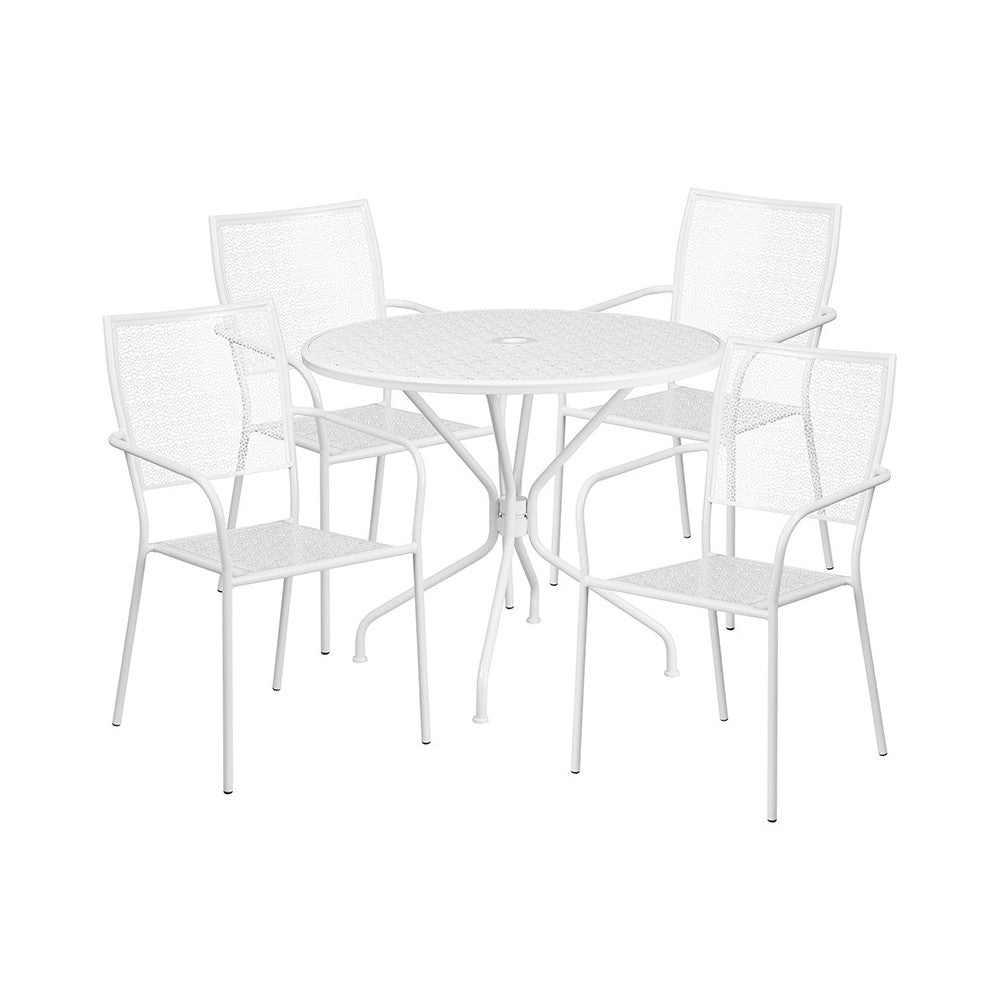 Commercial Grade 35.25" Round White Indoor-Outdoor Steel Patio Table Set with 4 Square Back Chairs