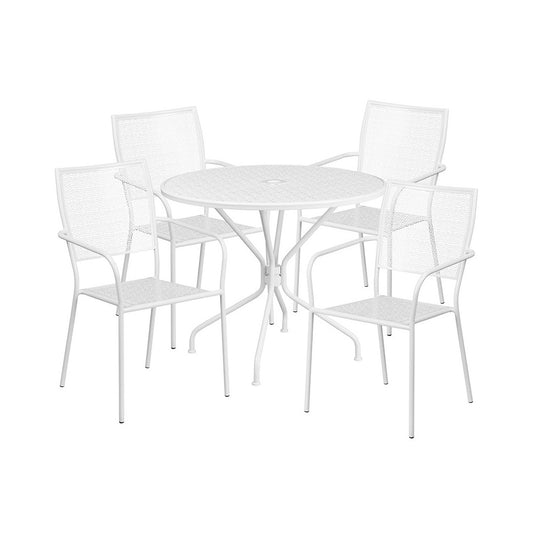 Commercial Grade 35.25" Round White Indoor-Outdoor Steel Patio Table Set with 4 Square Back Chairs