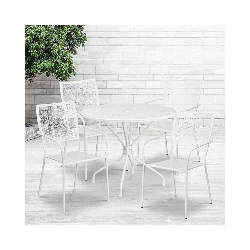 Commercial Grade 35.25" Round White Indoor-Outdoor Steel Patio Table Set with 4 Square Back Chairs