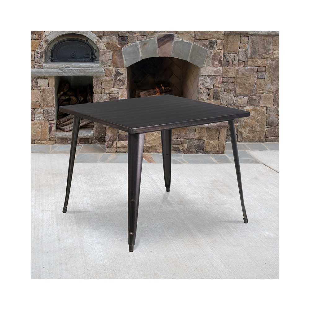 Commercial Grade 35.5" Square Black-Antique Gold Metal Indoor-Outdoor Table