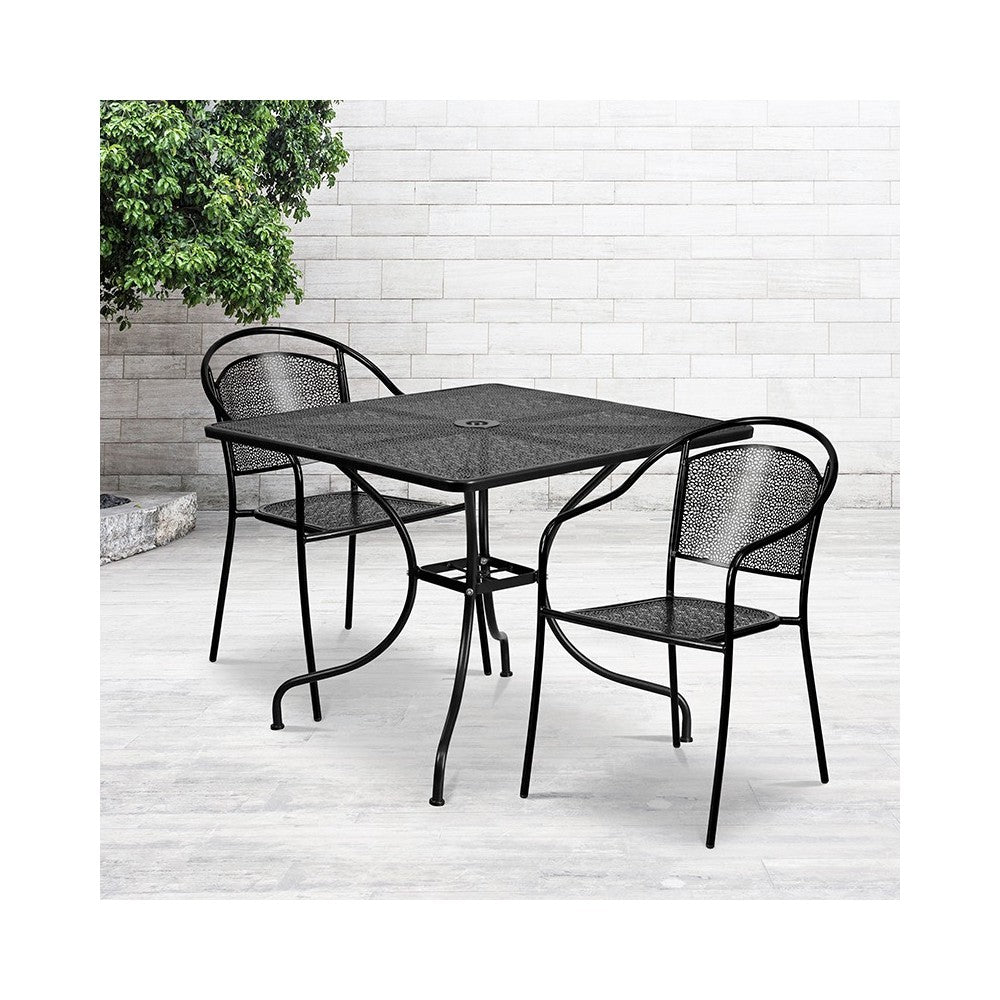 Commercial Grade 35.5" Square Black Indoor-Outdoor Steel Patio Table Set with 2 Round Back Chairs