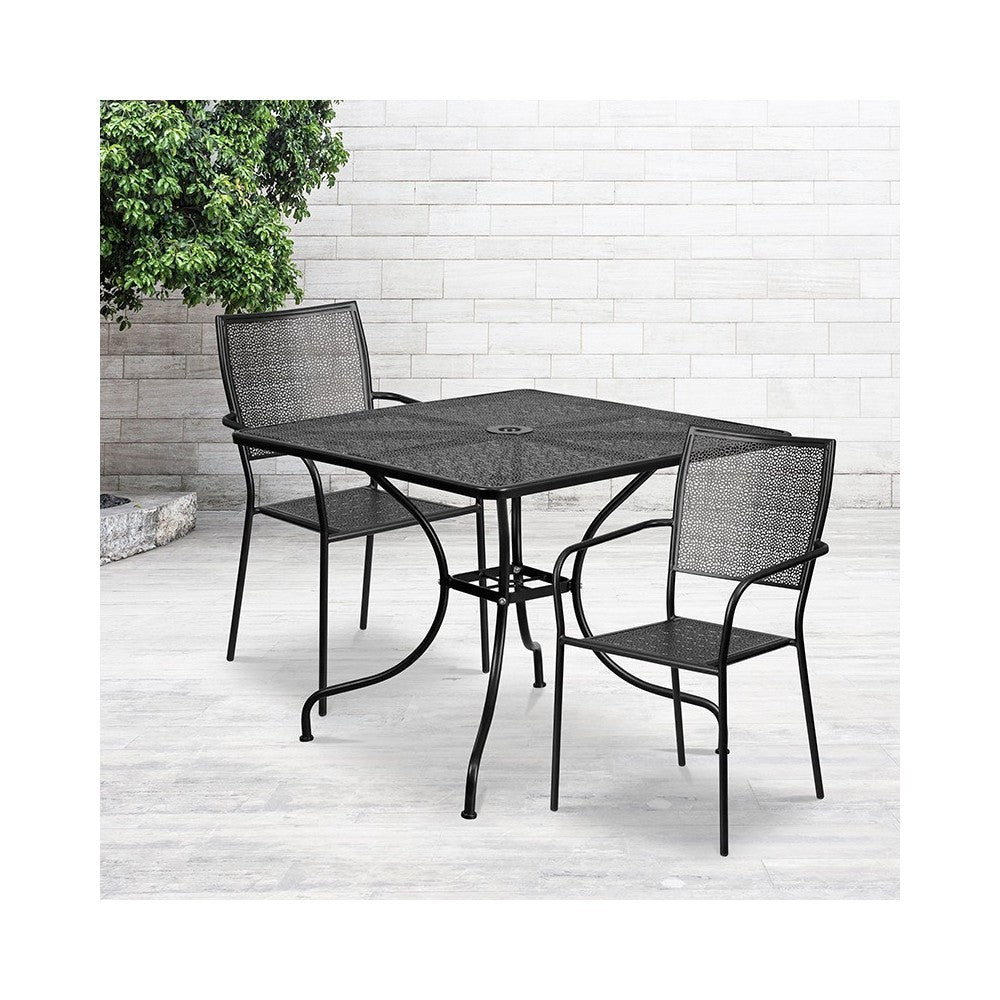 Commercial Grade 35.5" Square Black Indoor-Outdoor Steel Patio Table Set with 2 Square Back Chairs