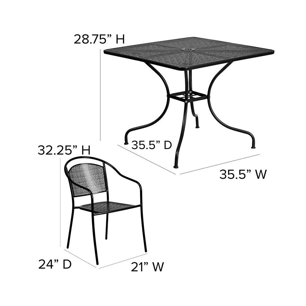 Commercial Grade 35.5" Square Black Indoor-Outdoor Steel Patio Table Set with 4 Round Back Chairs