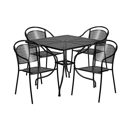 Commercial Grade 35.5" Square Black Indoor-Outdoor Steel Patio Table Set with 4 Round Back Chairs