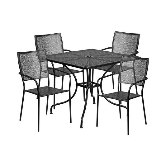 Commercial Grade 35.5" Square Black Indoor-Outdoor Steel Patio Table Set with 4 Square Back Chairs
