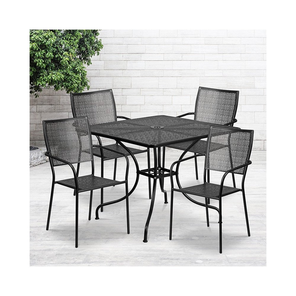 Commercial Grade 35.5" Square Black Indoor-Outdoor Steel Patio Table Set with 4 Square Back Chairs