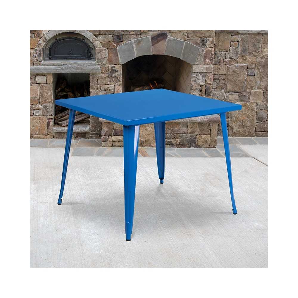Commercial Grade 35.5" Square Blue Metal Indoor-Outdoor Table