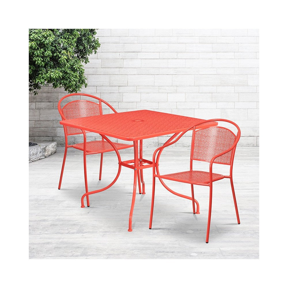 Commercial Grade 35.5" Square Coral Indoor-Outdoor Steel Patio Table Set with 2 Round Back Chairs