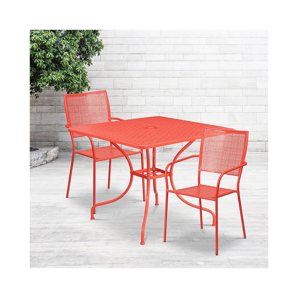 Commercial Grade 35.5" Square Coral Indoor-Outdoor Steel Patio Table Set with 2 Square Back Chairs