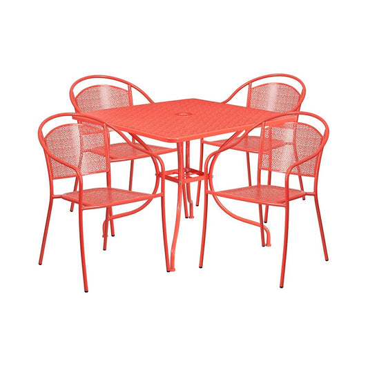 Commercial Grade 35.5" Square Coral Indoor-Outdoor Steel Patio Table Set with 4 Round Back Chairs
