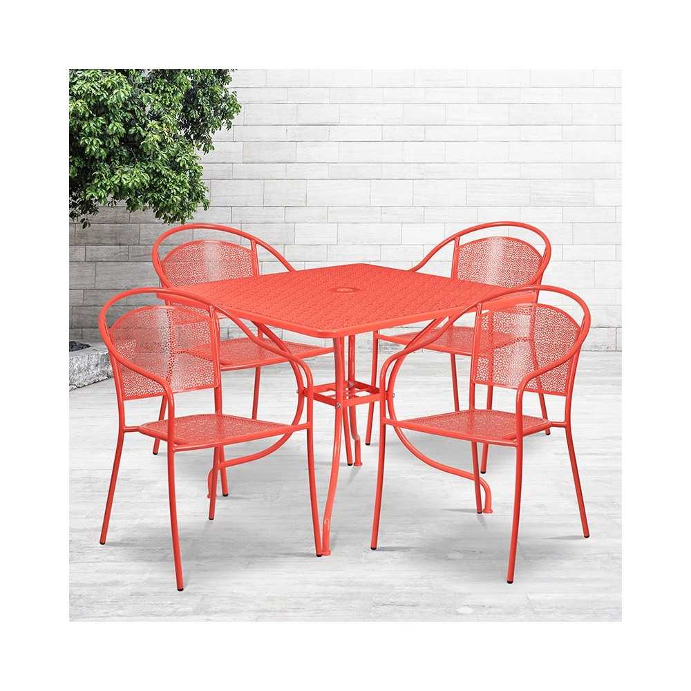 Commercial Grade 35.5" Square Coral Indoor-Outdoor Steel Patio Table Set with 4 Round Back Chairs
