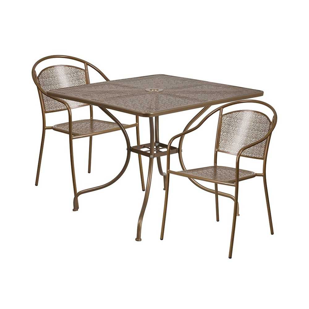 Commercial Grade 35.5" Square Gold Indoor-Outdoor Steel Patio Table Set with 2 Round Back Chairs