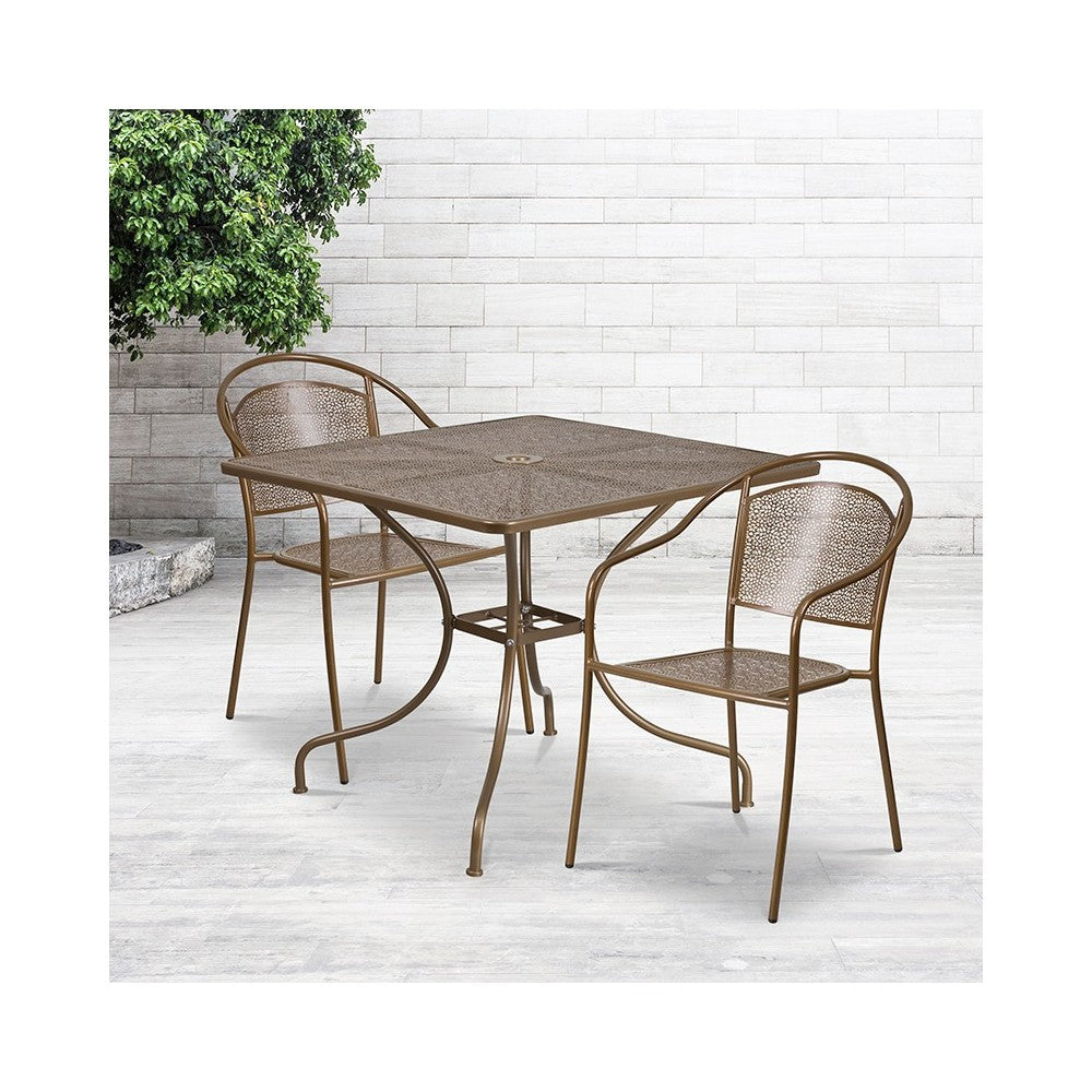 Commercial Grade 35.5" Square Gold Indoor-Outdoor Steel Patio Table Set with 2 Round Back Chairs