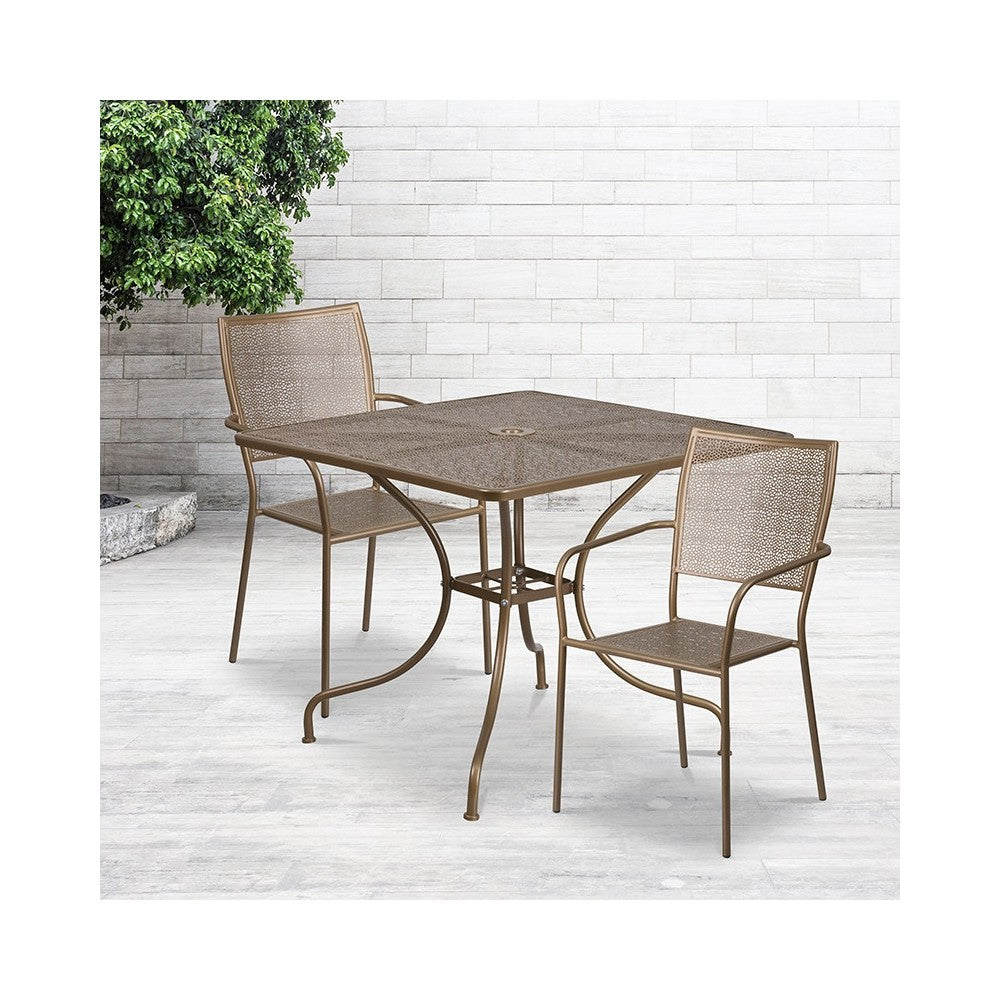 Commercial Grade 35.5" Square Gold Indoor-Outdoor Steel Patio Table Set with 2 Square Back Chairs