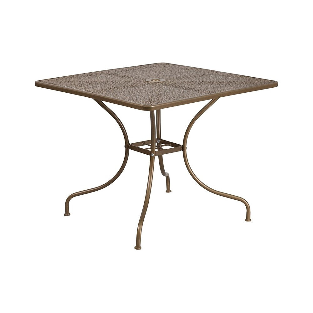 Commercial Grade 35.5" Square Gold Indoor-Outdoor Steel Patio Table Set with 4 Round Back Chairs