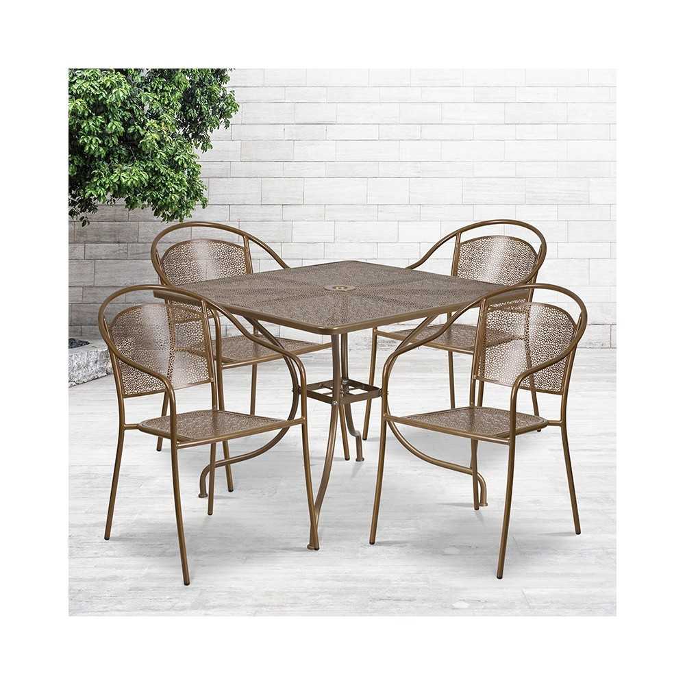 Commercial Grade 35.5" Square Gold Indoor-Outdoor Steel Patio Table Set with 4 Round Back Chairs