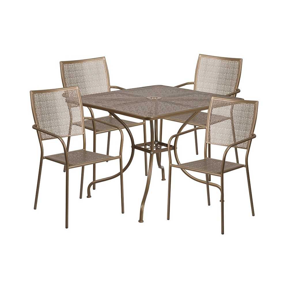 Commercial Grade 35.5" Square Gold Indoor-Outdoor Steel Patio Table Set with 4 Square Back Chairs