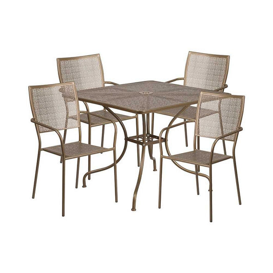 Commercial Grade 35.5" Square Gold Indoor-Outdoor Steel Patio Table Set with 4 Square Back Chairs