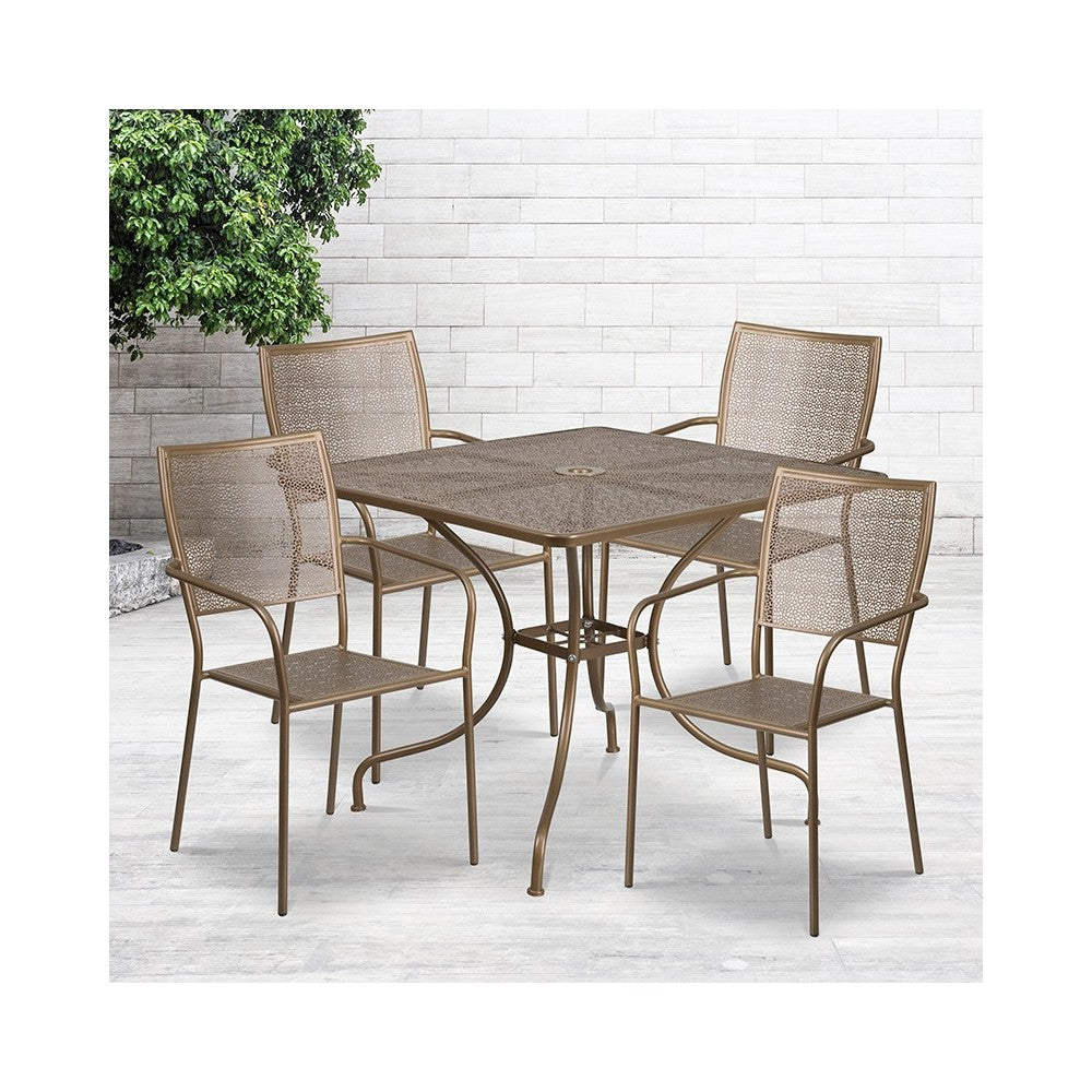 Commercial Grade 35.5" Square Gold Indoor-Outdoor Steel Patio Table Set with 4 Square Back Chairs