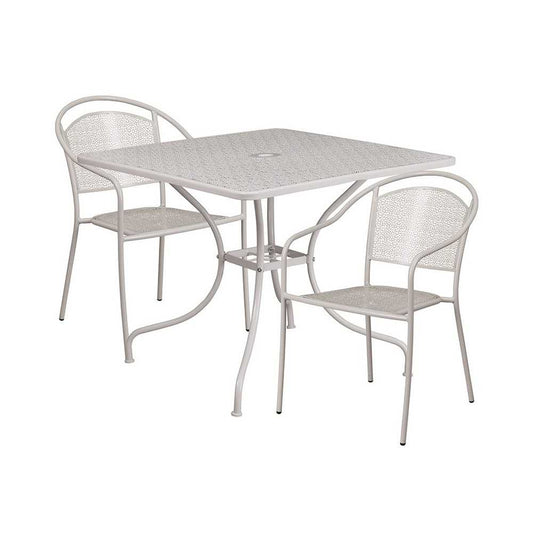Commercial Grade 35.5" Square Light Gray Indoor-Outdoor Steel Patio Table Set with 2 Round Back Chairs