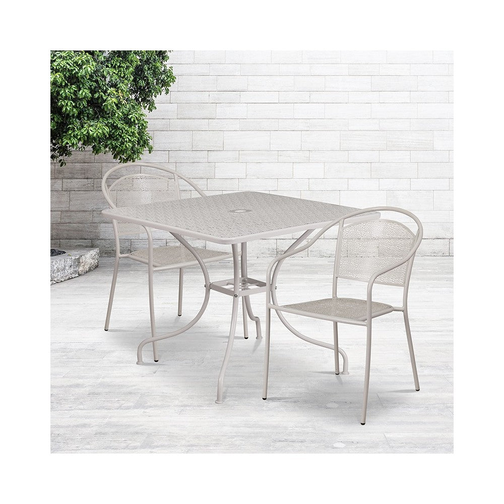 Commercial Grade 35.5" Square Light Gray Indoor-Outdoor Steel Patio Table Set with 2 Round Back Chairs
