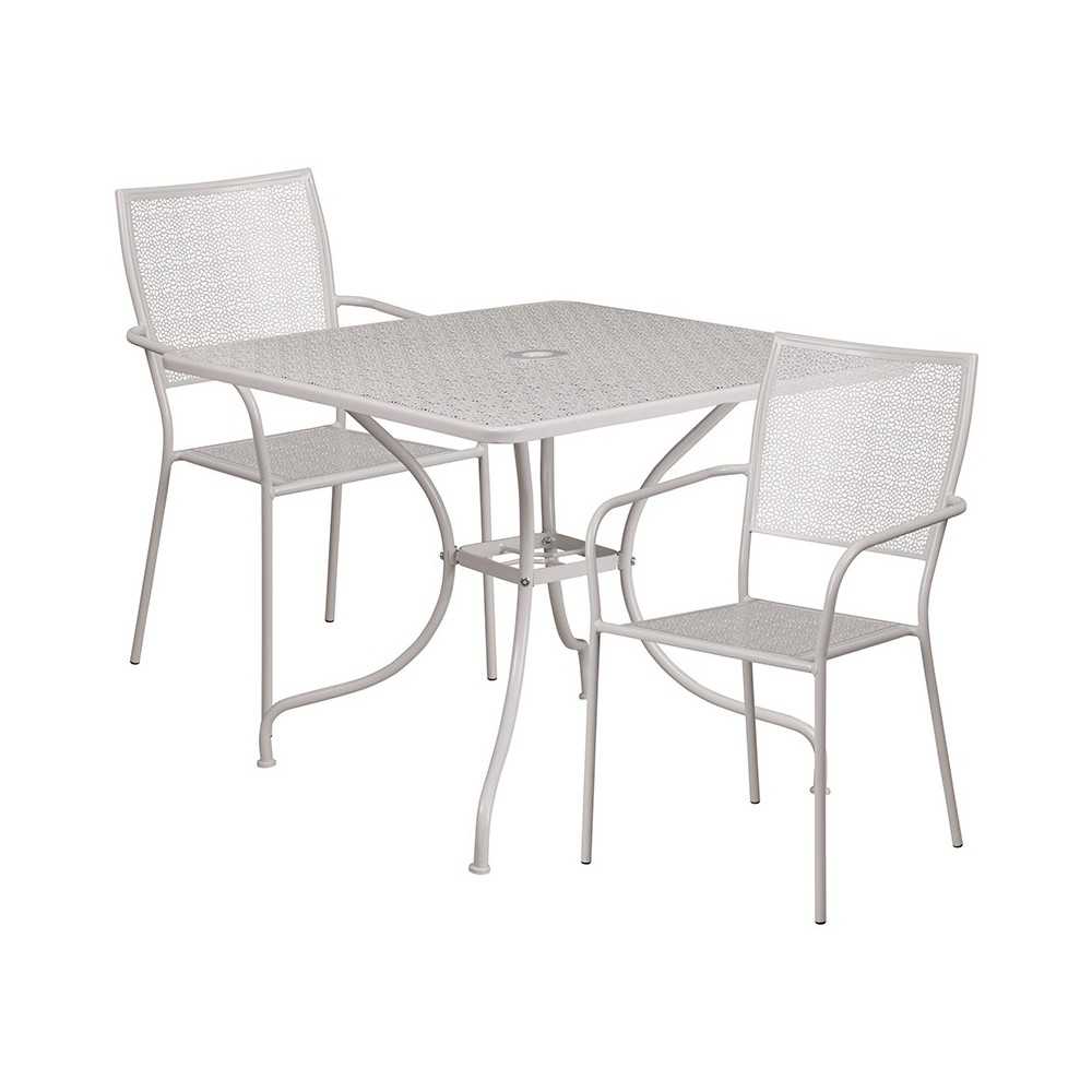 Commercial Grade 35.5" Square Light Gray Indoor-Outdoor Steel Patio Table Set with 2 Square Back Chairs