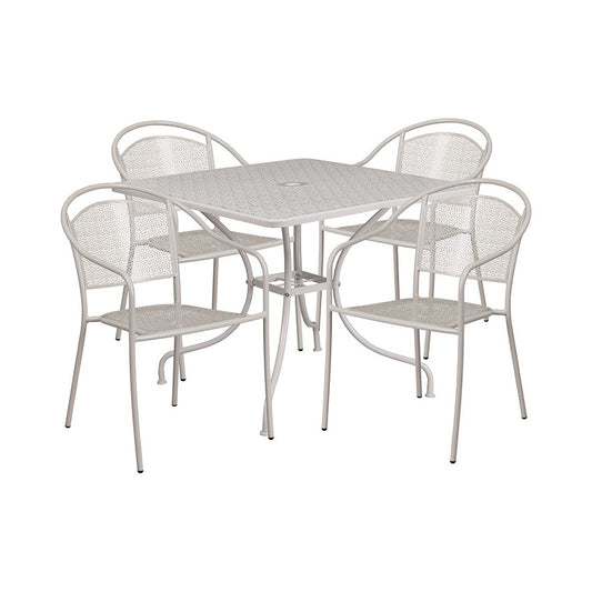 Commercial Grade 35.5" Square Light Gray Indoor-Outdoor Steel Patio Table Set with 4 Round Back Chairs