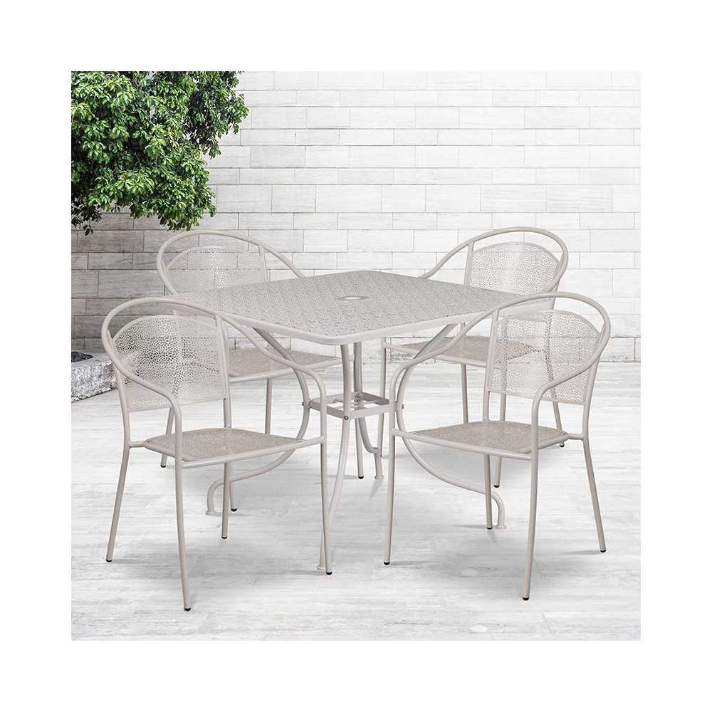 Commercial Grade 35.5" Square Light Gray Indoor-Outdoor Steel Patio Table Set with 4 Round Back Chairs