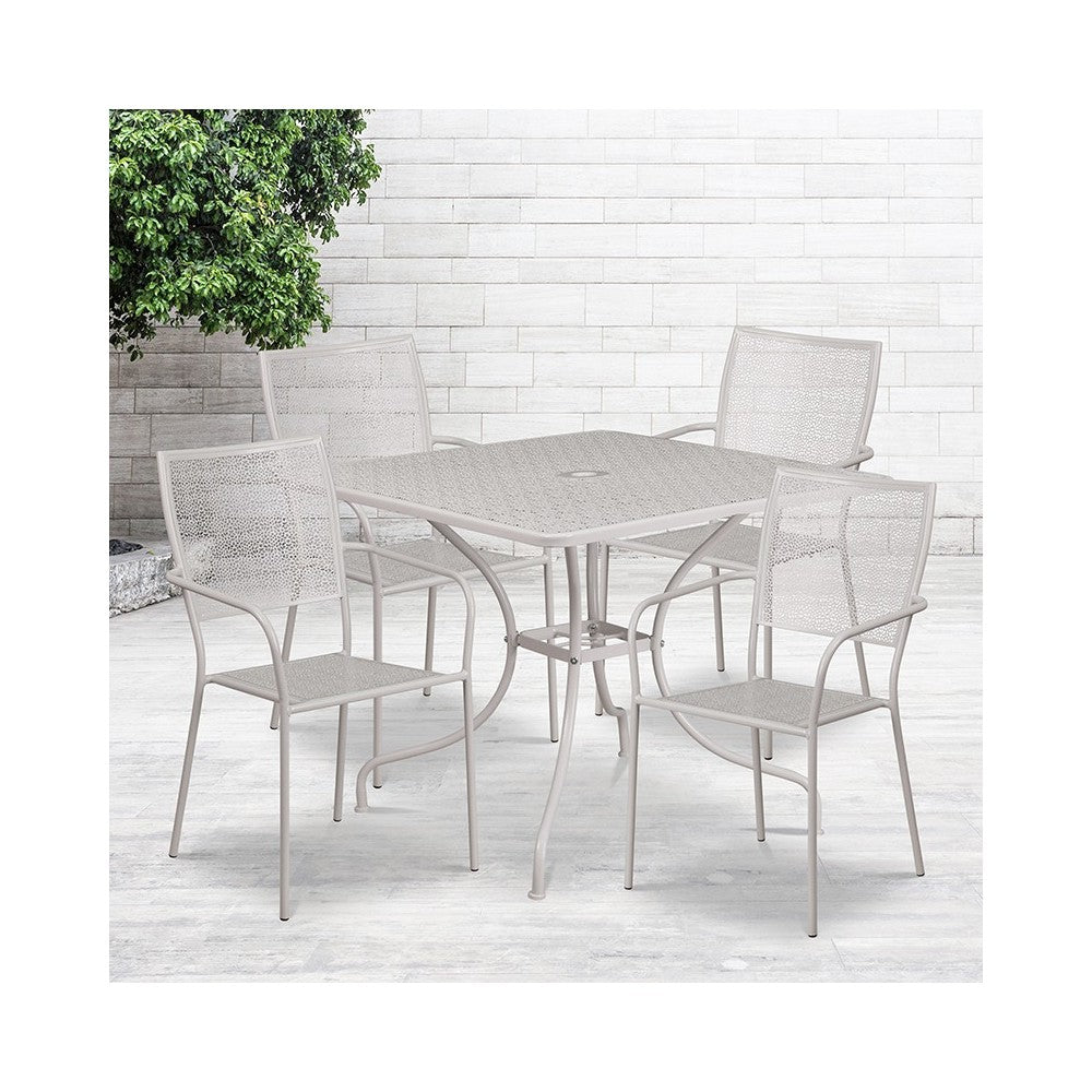 Commercial Grade 35.5" Square Light Gray Indoor-Outdoor Steel Patio Table Set with 4 Square Back Chairs