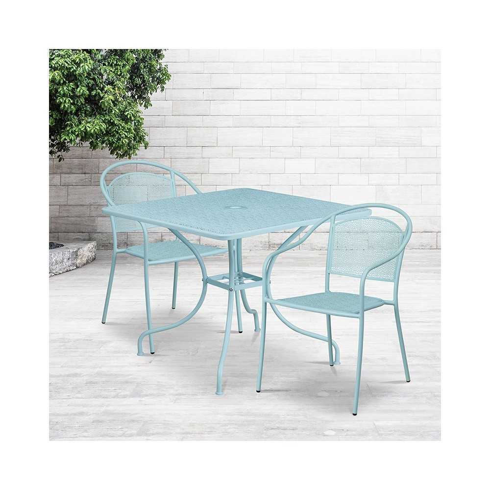 Commercial Grade 35.5" Square Sky Blue Indoor-Outdoor Steel Patio Table Set with 2 Round Back Chairs