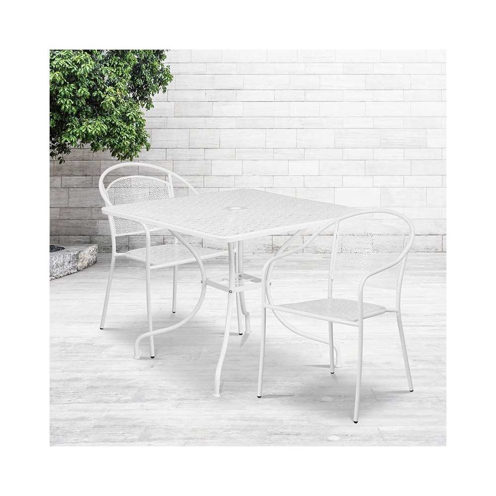 Commercial Grade 35.5" Square White Indoor-Outdoor Steel Patio Table Set with 2 Round Back Chairs