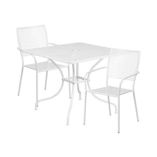 Commercial Grade 35.5" Square White Indoor-Outdoor Steel Patio Table Set with 2 Square Back Chairs