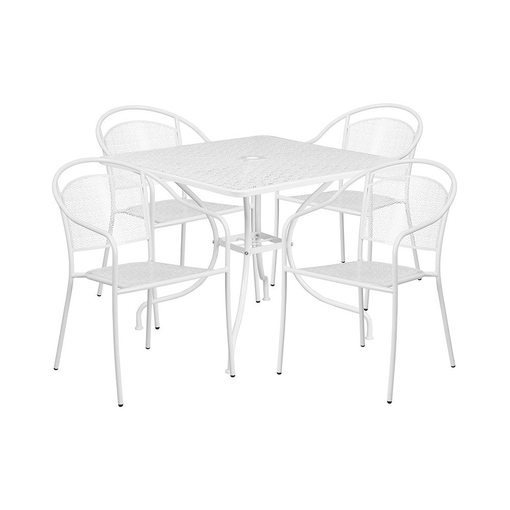 Commercial Grade 35.5" Square White Indoor-Outdoor Steel Patio Table Set with 4 Round Back Chairs
