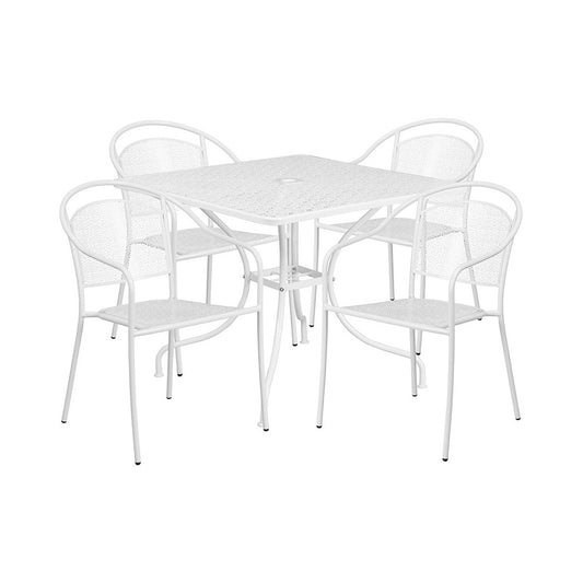 Commercial Grade 35.5" Square White Indoor-Outdoor Steel Patio Table Set with 4 Round Back Chairs