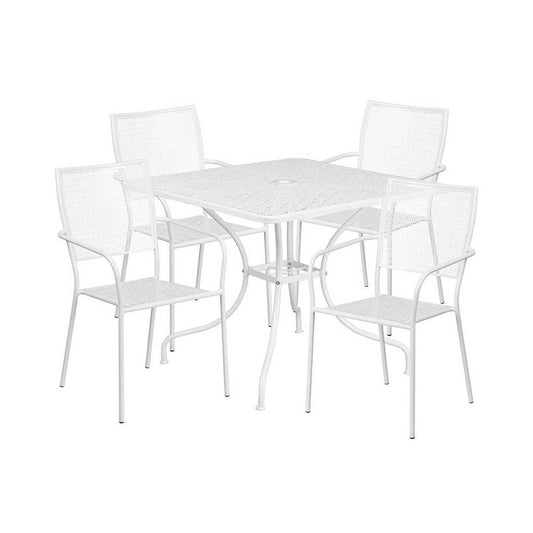 Commercial Grade 35.5" Square White Indoor-Outdoor Steel Patio Table Set with 4 Square Back Chairs