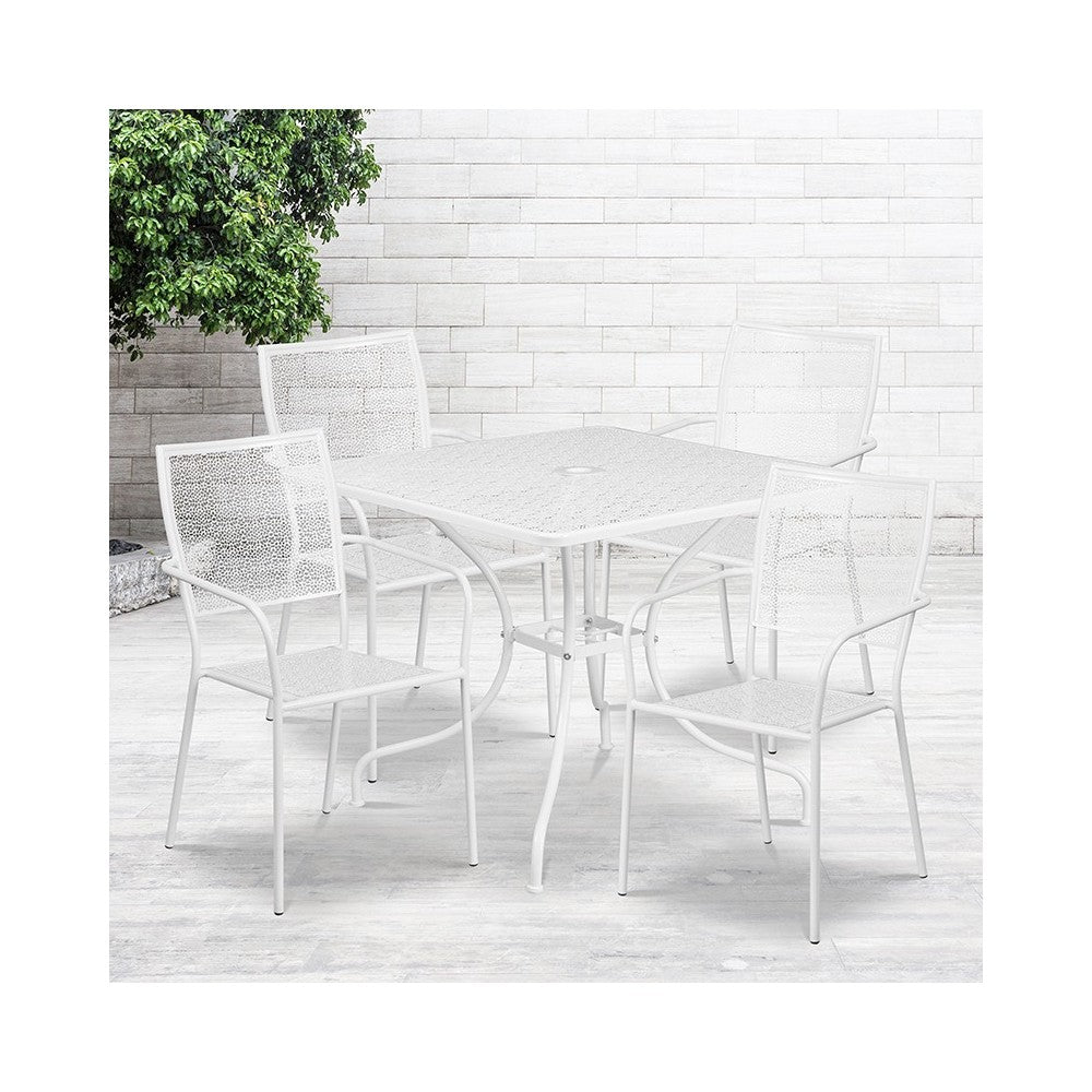 Commercial Grade 35.5" Square White Indoor-Outdoor Steel Patio Table Set with 4 Square Back Chairs